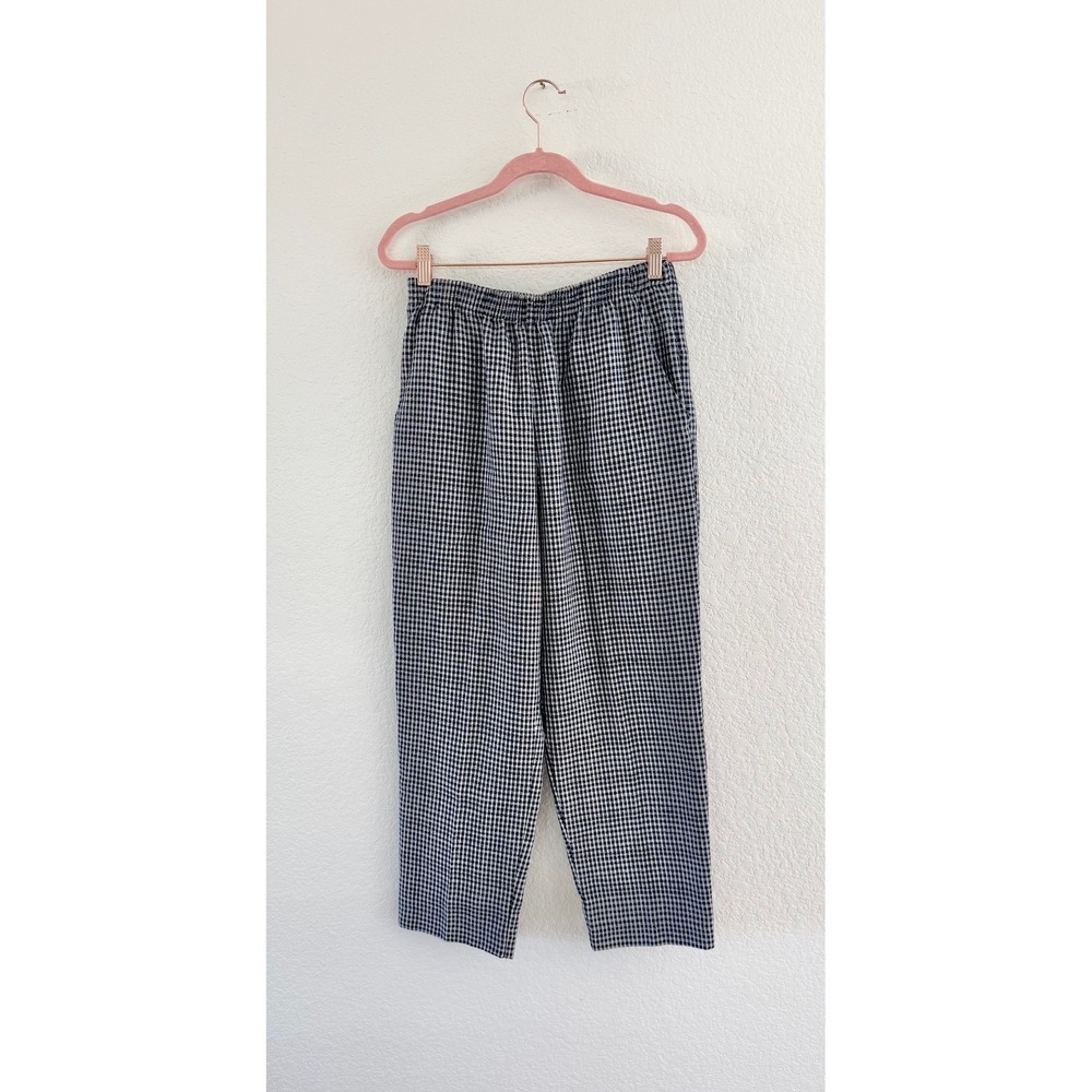 Vintage New York Gingham Pants Navy‎ Blue White Elastic Waist Straight Leg 8